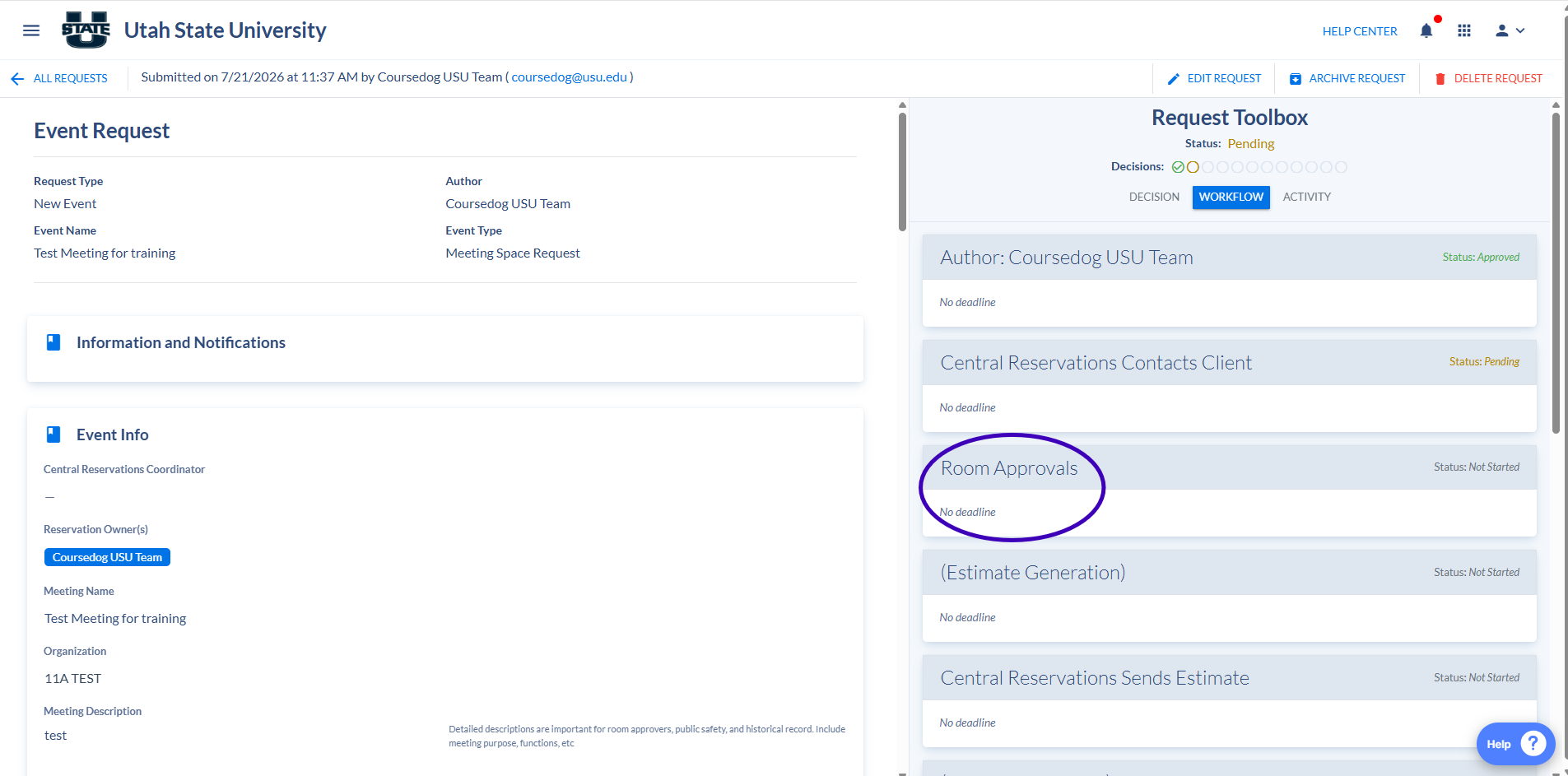 Coursedog screen showing how to contact room approver