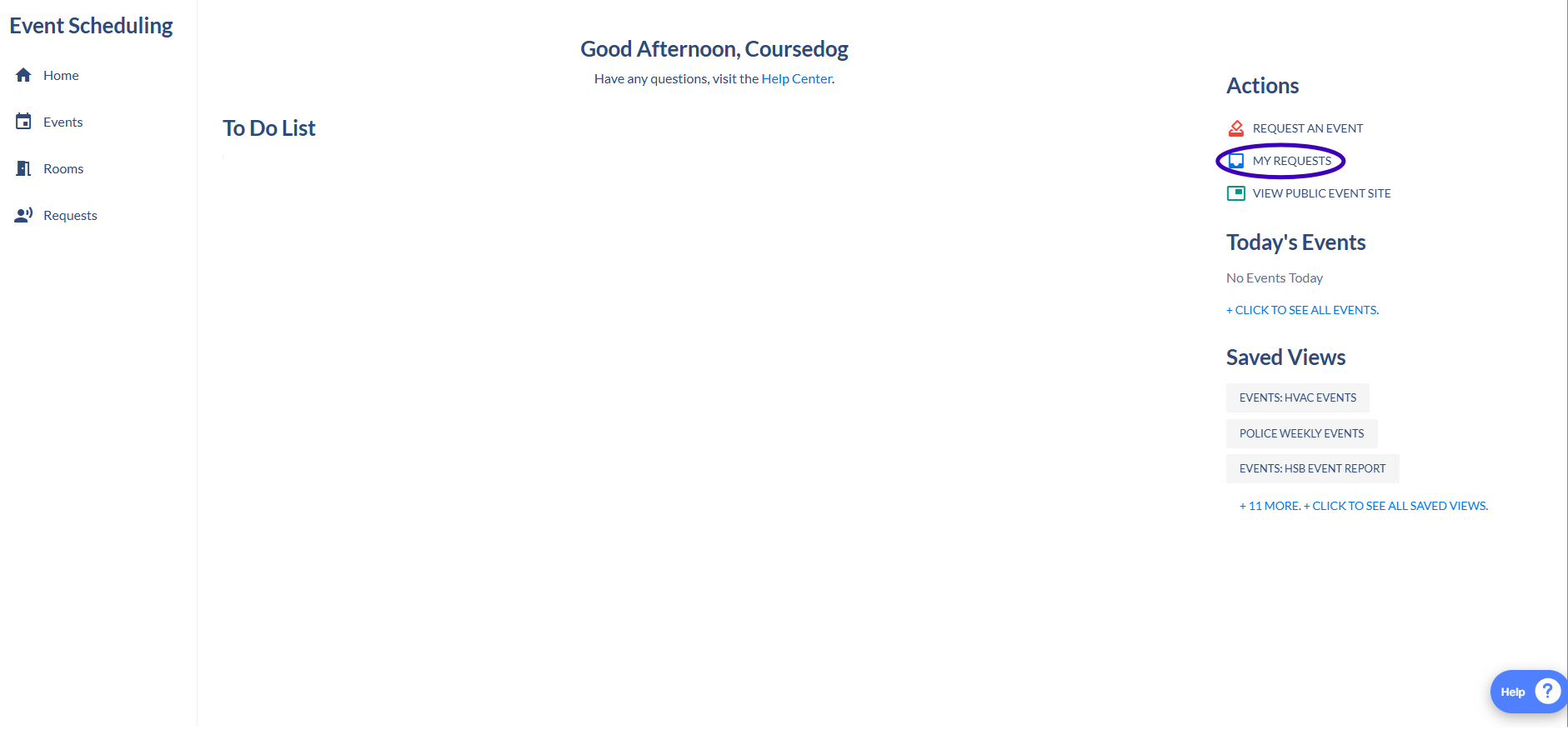 Coursedog screen showing "my requests" toggled