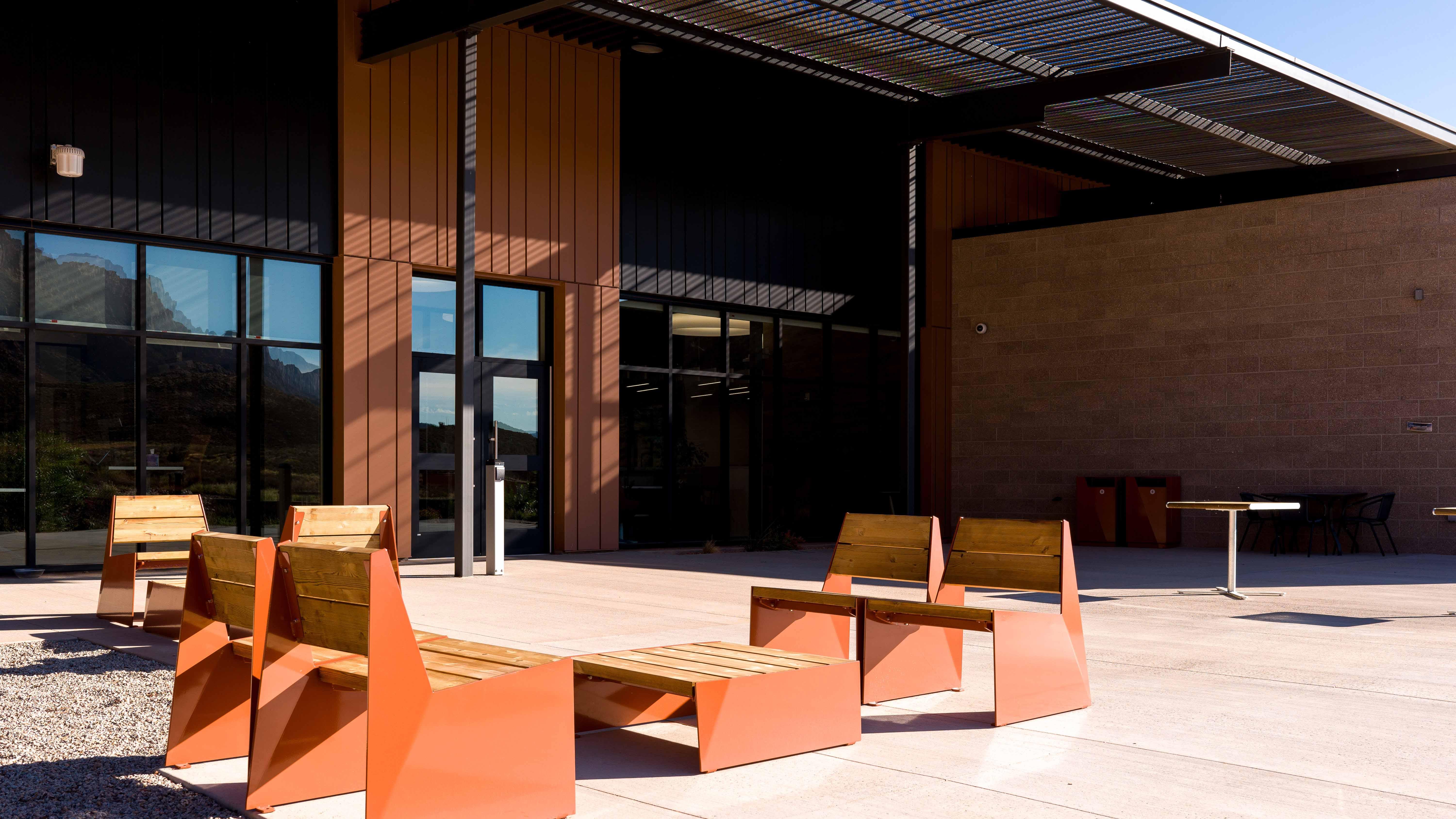 Permanent tables shown on outdoor patio